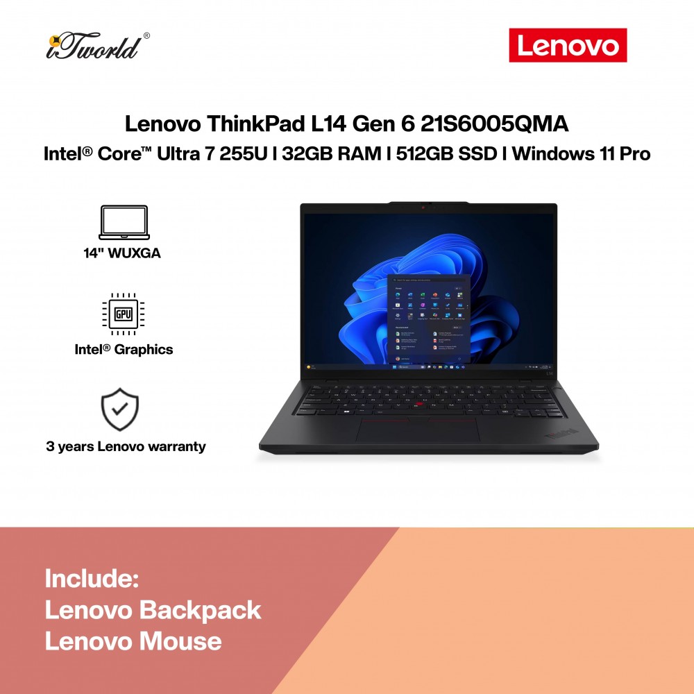 Lenovo ThinkPad L14 Gen 6 21S6005QMA Business Laptop (Intel® Core™ Ultra 7 Processor 255U | 14" WUXGA | 32GB RAM | 512GB SSD | Intel Graphics | Windows 11 Pro | Free Lenovo Backpack & Lenovo Mouse)
