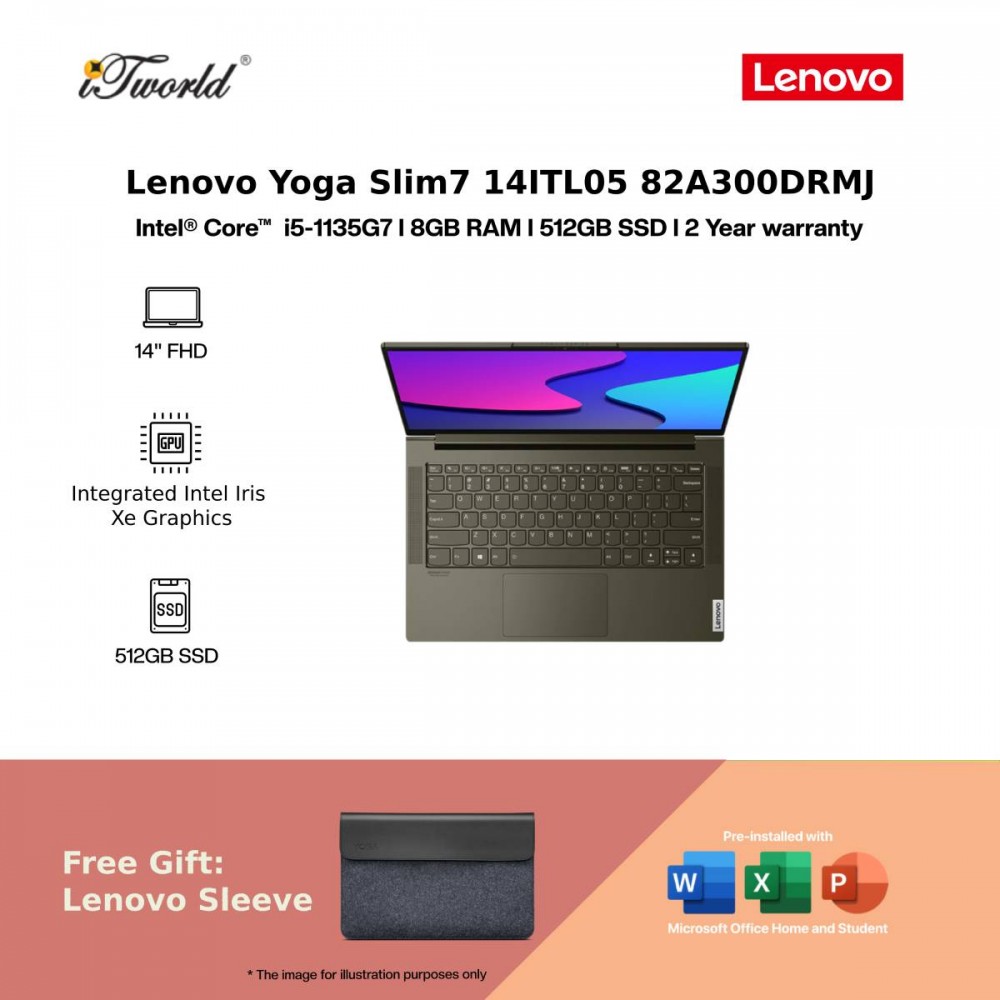 [Pre-order] [Intel EVO] Lenovo Yoga Slim 7i 14ITL05 82A300DRMJ NBK(I5-1135G7,8GB,512GB,Intel Iris Xe,14"FHD,H&S,W10,Dark Moss) [FREE] Lenovo Sleeve + Preinstalled with Microsoft Office Home and Student 2019[ ETA: 3-5 Working Days]