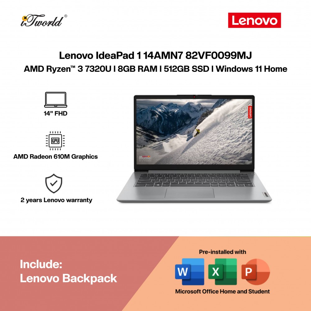 Lenovo IdeaPad 1 14AMN7 82VF0099MJ Laptop (AMD Ryzen™ 3 7320U | 14"FHD | 8GB RAM | 512GB SSD| Integrated AMD Radeon 610M Graphics | Windows 11 Home | Office Home & Student) 