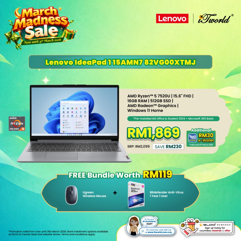 Lenovo IdeaPad 1 15AMN7 82VG00XTMJ Laptop (AMD Ryzen™ 5 7520U | 15.6” FHD | 16GB RAM | 512GB SSD | AMD Radeon™ 610M Graphics | Windows 11 Home | Microsoft Office Home 2024 + Microsoft 365)
