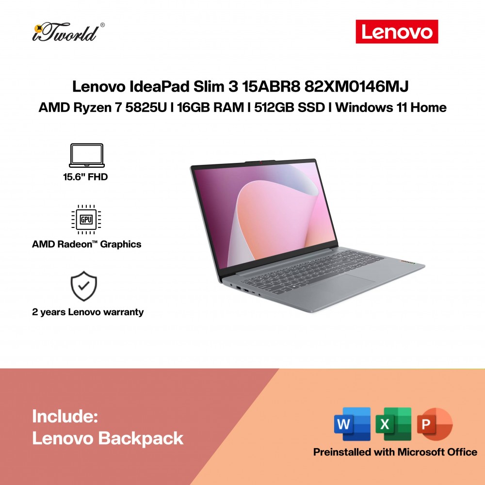 Lenovo IdeaPad Slim 3 15ABR8 82XM0146MJ Laptop (AMD Ryzen™ 7 5825U | 15.6” FHD | 16GB RAM | 512GB SSD | AMD Radeon™ Graphics | Windows 11 Home | Microsoft Office Home 2024 + Microsoft 365)