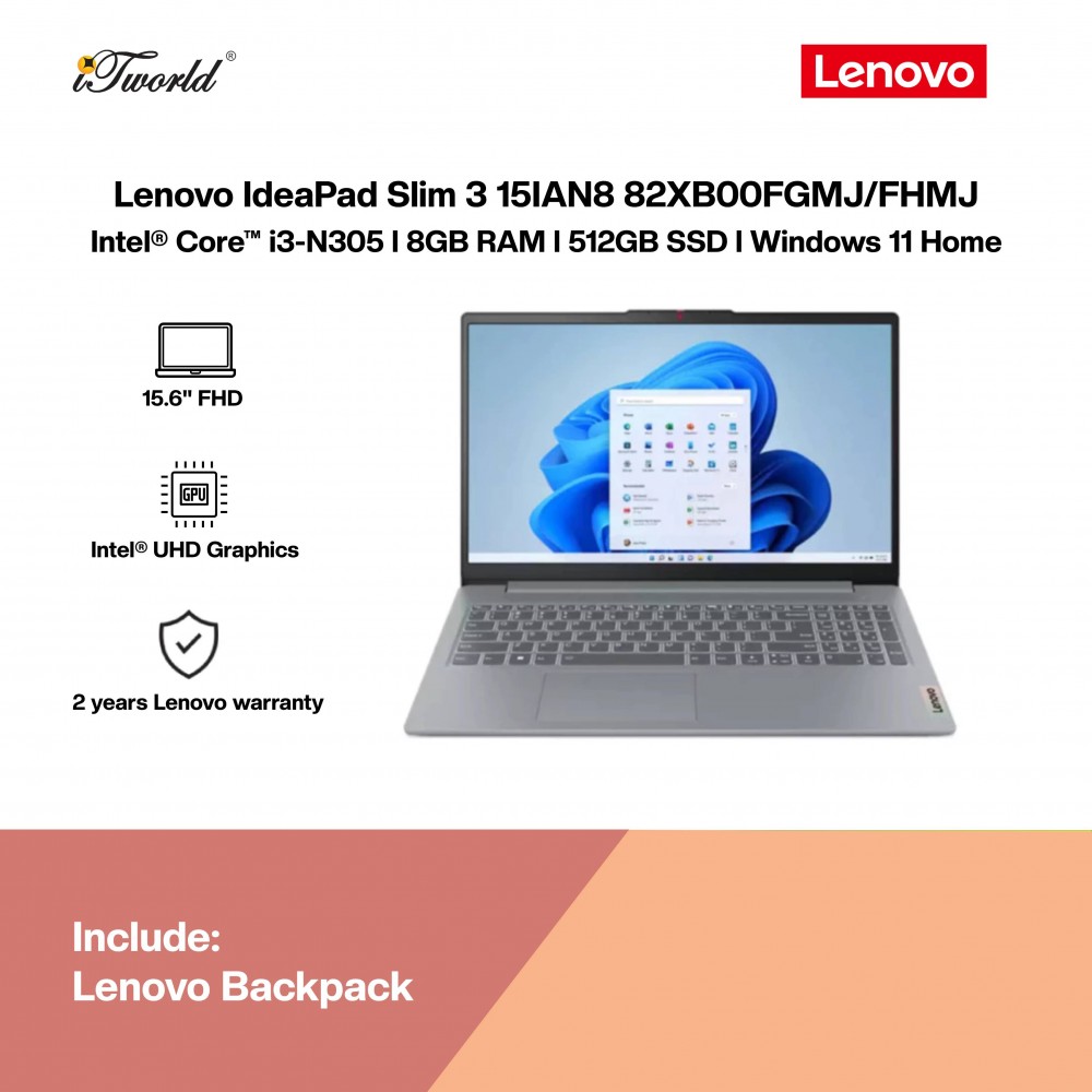 Lenovo IdeaPad Slim 3 15IAN8 82XB00FGMJ (Intel  ® Core™ i3-N305 | 15.6"FHD | 8GB RAM | 512GB SSD |Intel UHD Graphics | Windows 11 Home | Microsoft Office Home 2024 + Microsoft 365)