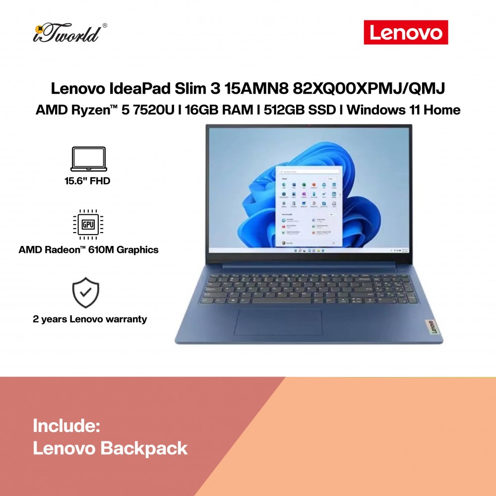 Lenovo IdeaPad Slim 3 15AMN8 82XQ00XQMJ (AMD Ryzen™ 5-7520U | 15.6"FHD | 16GB RAM | 512GB SSD | AMD Radeon 610M Graphics | Windows 11 Home | Microsoft Office Home 2024 + Microsoft 365)