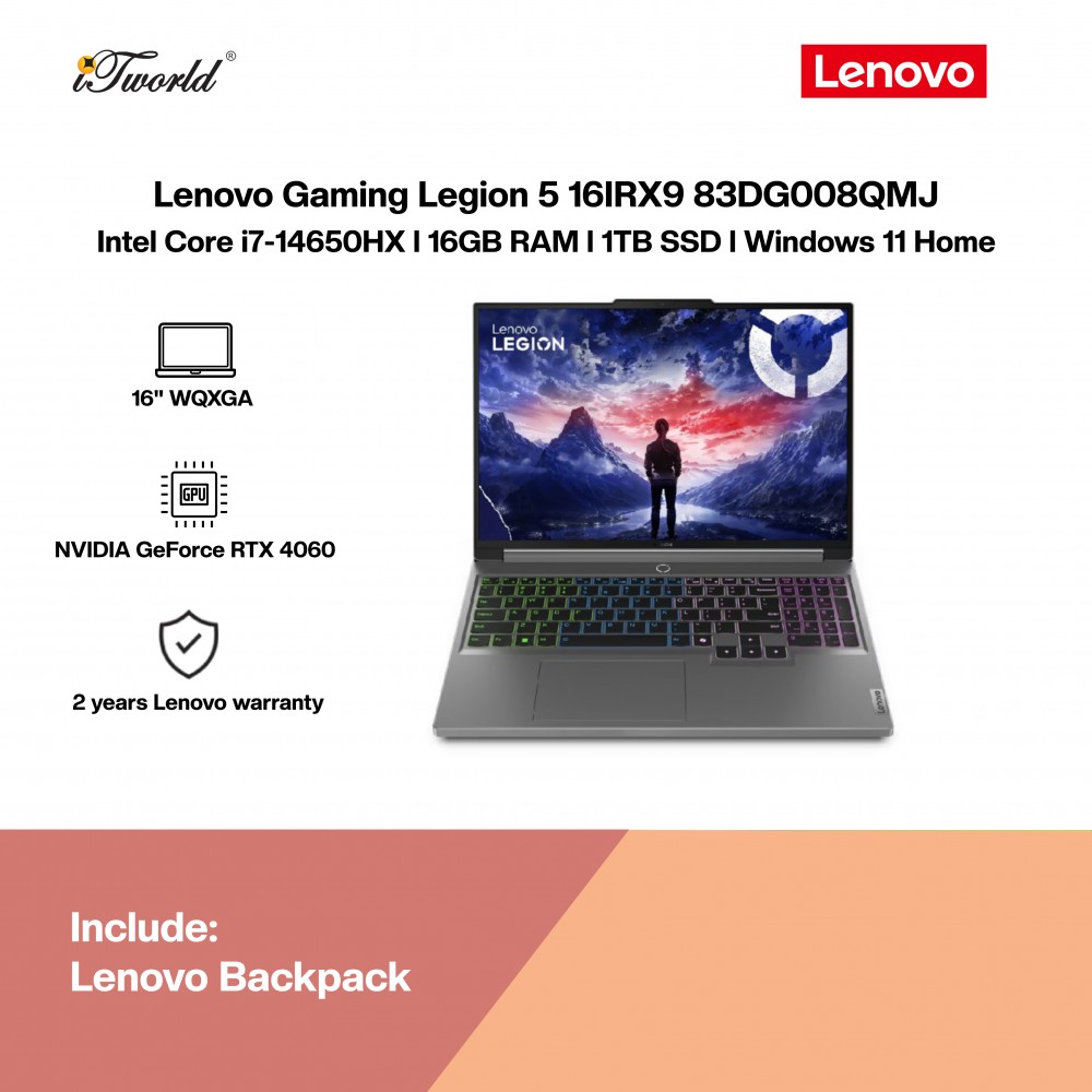 Lenovo Gaming Legion 5 16IRX9 83DG008QMJ (Intel  ® Core™ i7 14650HX l 16" WQXGA l 16GB RAM l 1TB SSD l  NVIDIA  ® GeForce RTX™ 4060 8GB l Windows 11 Home)