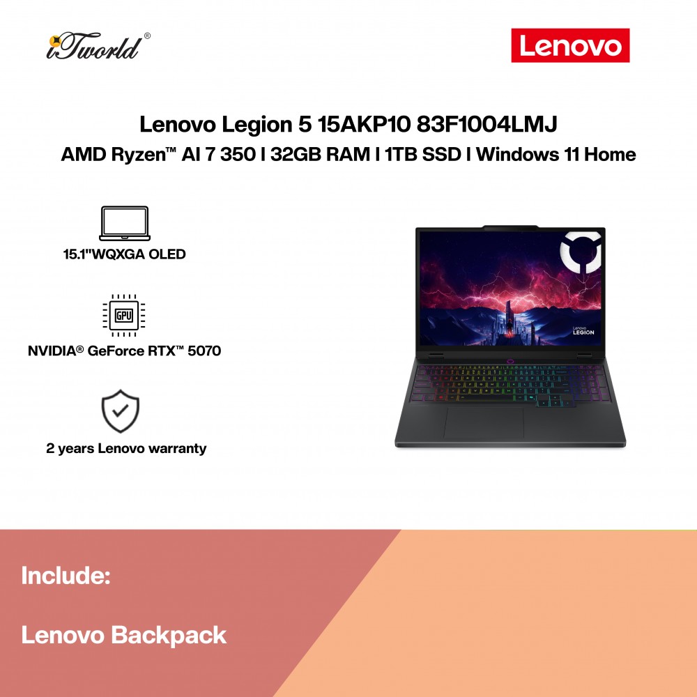 Lenovo Legion 5 15AKP10 83F1004LMJ Gaming Laptop (NVIDIA  ® GeForce RTX™ 5070 | AMD Ryzen™ AI 7 350 | 15.1" WQXGA OLED | 32GB RAM | 1TB SSD | Windows 11 Home)