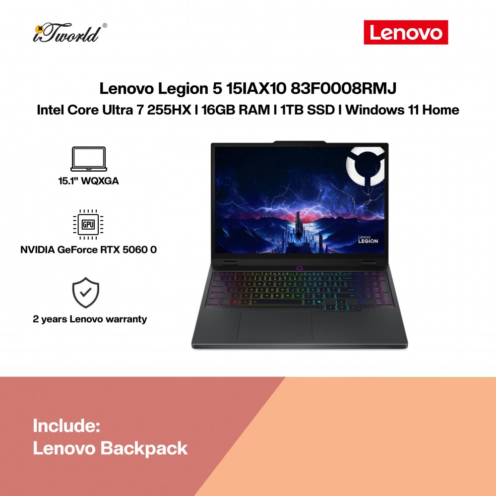 Lenovo Legion 5 15IAX10 83F0008RMJ Gaming Laptop (NVIDIA  ® GeForce RTX™ 5060 | Intel Core Ultra 7-255HX | 15.1" WQXGA | 16GB RAM | 1TB SSD | Windows 11 Home)