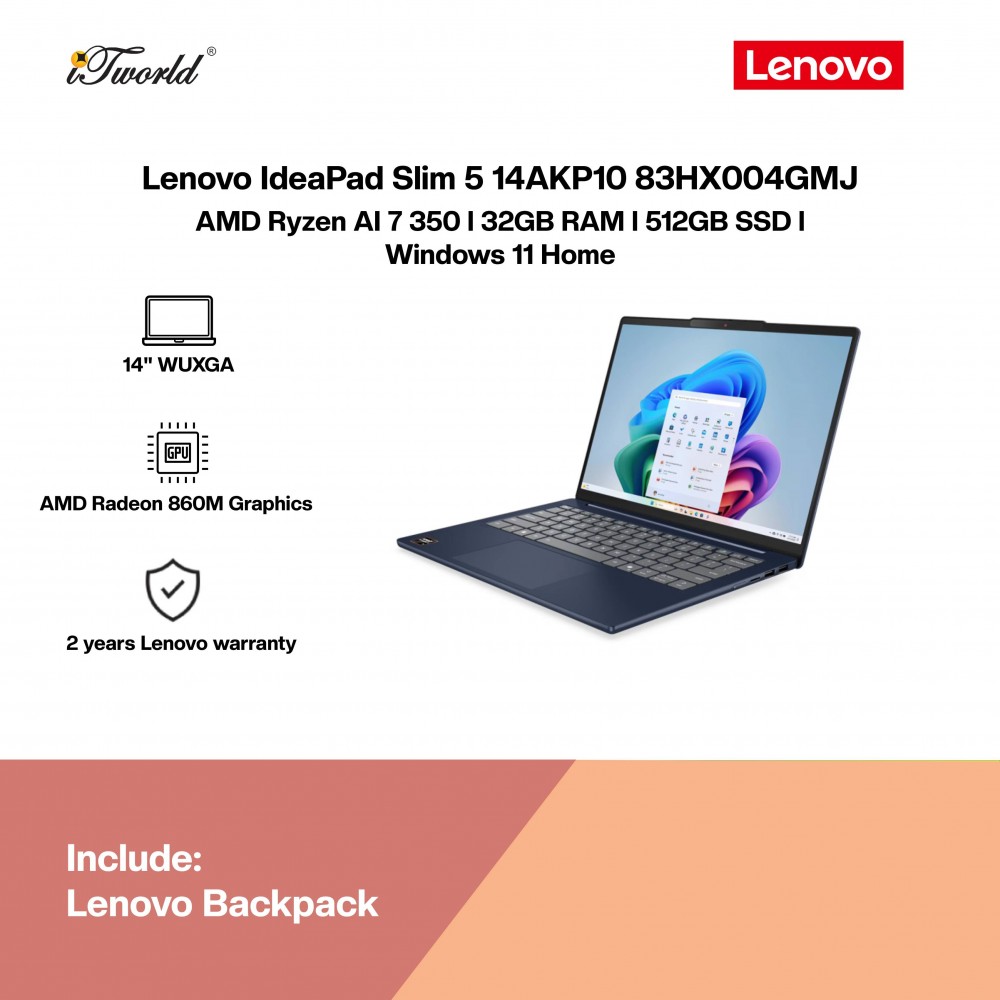 Lenovo IdeaPad Slim 5 14AKP10 83HX004GMJ Laptop (AMD Ryzen AI 7 350 | 14" WUXGA | 32GB RAM | 512GB SSD | AMD Radeon 860M Graphics | Windows 11 Home | Office Home & Student+M365)