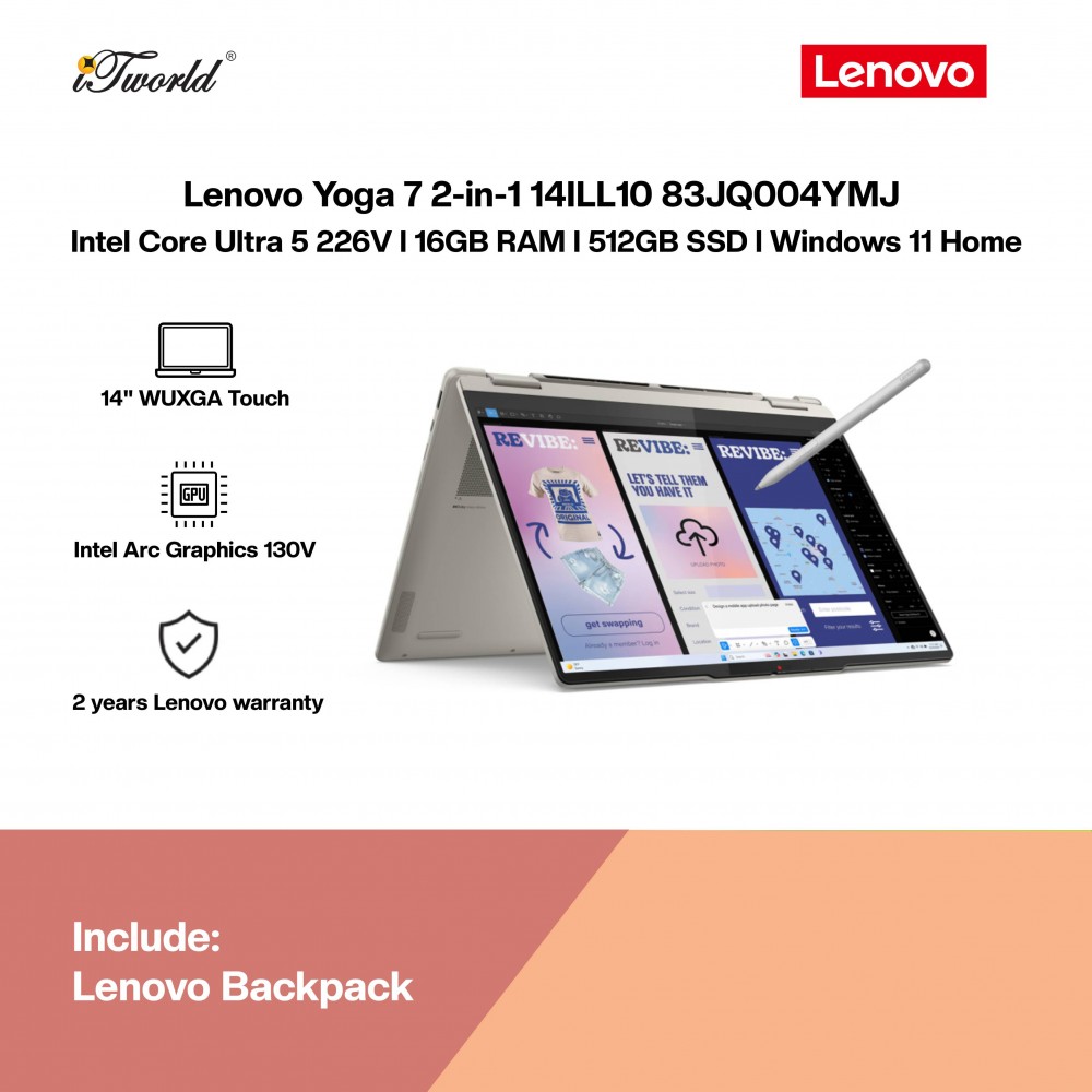 Lenovo Yoga 7 2-in-1 14ILL10 83JQ004YMJ Laptop (Intel Core Ultra 5 226V | 14" WUXGA Touch | 16GB RAM | 512GB SSD | Intel Arc Graphics 130V | Windows 11 Home | Microsoft Office Home 2024 + Microsoft 365 Basic)