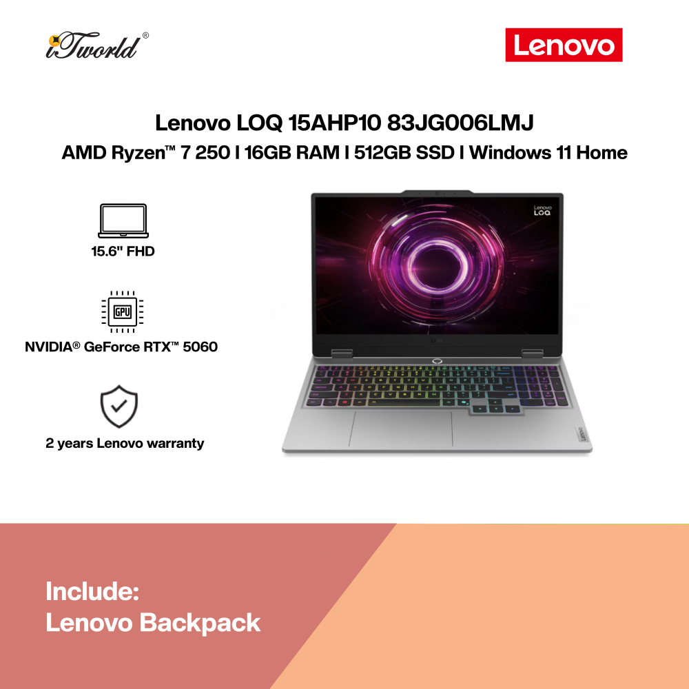Lenovo LOQ 15AHP10 83JG006LMJ Gaming Laptop (AMD Ryzen™ 7 250 | 15.6” FHD | 16GB RAM | 512GB SSD | NVIDIA  ® GeForce RTX™ 5060 | Windows 11 Home)