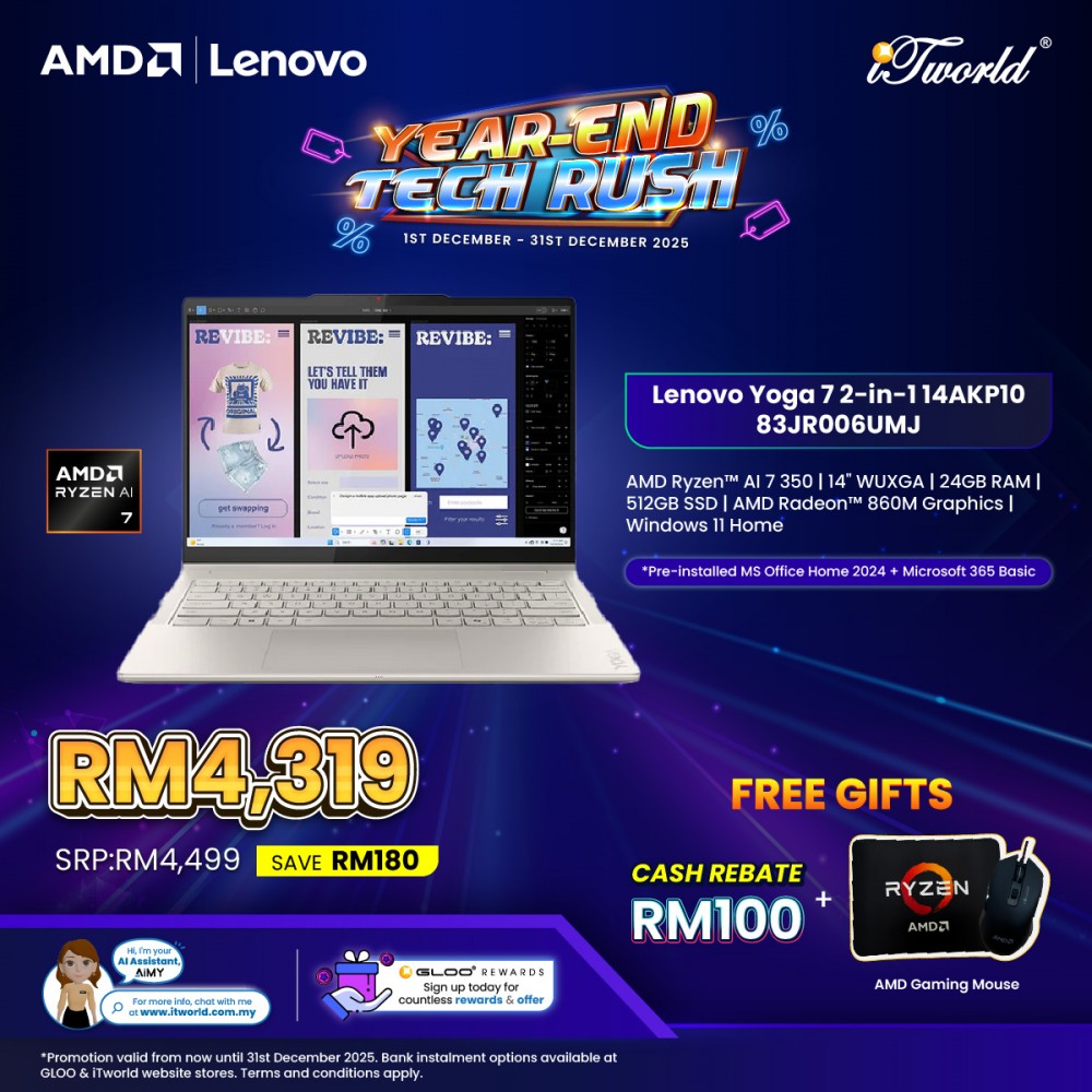 Lenovo Yoga 7 2-in-1 14AKP10 83JR006UMJ Laptop (AMD Ryzen AI 7 350 | 14" WUXGA T | 24GB RAM | 512GB SSD | AMD Radeon 860M Graphics | Windows 11 Home | Office Home & Student+M365)