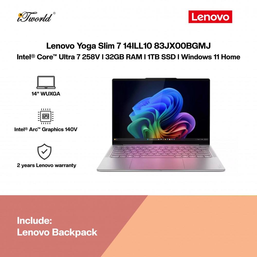 Lenovo Yoga Slim 7 14ILL10 83JX00BGMJ Laptop (Intel  ® Core™ Ultra 7 258V | 14" WUXGA | 32GB RAM | 1TB SSD | Intel  ® Arc™ 140V Graphics | Windows 11 Home | Microsoft Office Home & Student 2024 + Microsoft 365 Basic)