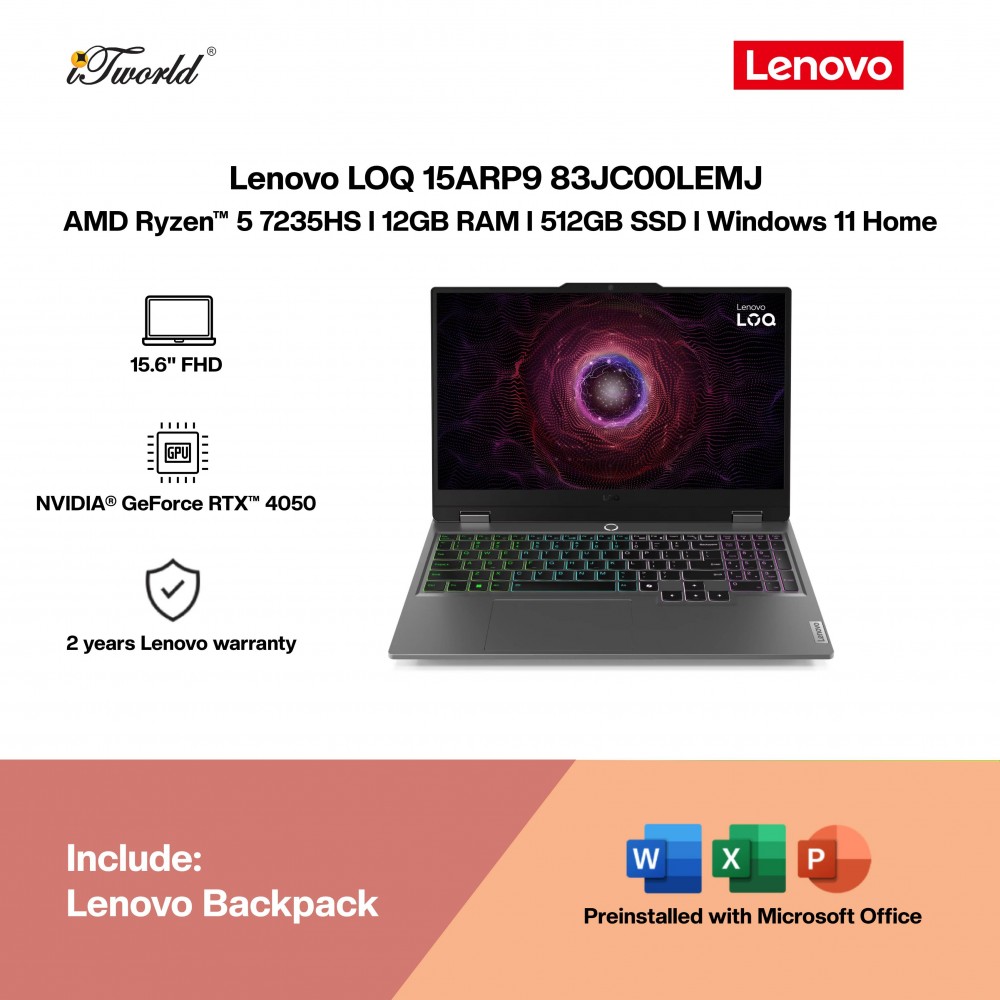 Lenovo LOQ 15ARP9 83JC00LEMJ Laptop (AMD Ryzen™ 5 7235HS | 15.6" FHD | 12GB RAM | 512GB SSD | NVIDIA® GeForce RTX™ 4050 6GB | Windows 11 Home |Microsoft Office Home 2024)