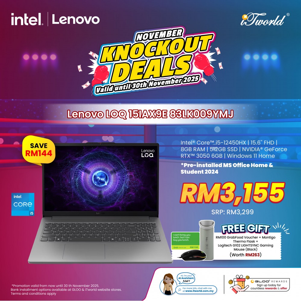 Lenovo LOQ 15IAX9E 83LK009YMJ Gaming Laptop (NVIDIA  ® GeForce RTX™ 3050 | C i5-12450HX | 15.6" FHD | 8GB RAM | 512GB SSD | Windows 11 Home | Office Home & Student)