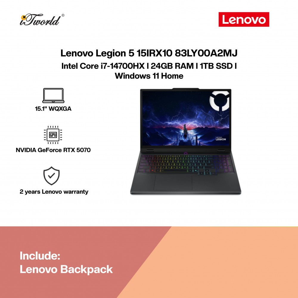Lenovo Legion 5 15IRX10 83LY00A2MJ Gaming Laptop (NVIDIA  ® GeForce RTX™ 5070 | C i7-14700HX | 15.1" WQXGA | 24GB RAM | 1TB SSD | Windows 11 Home)