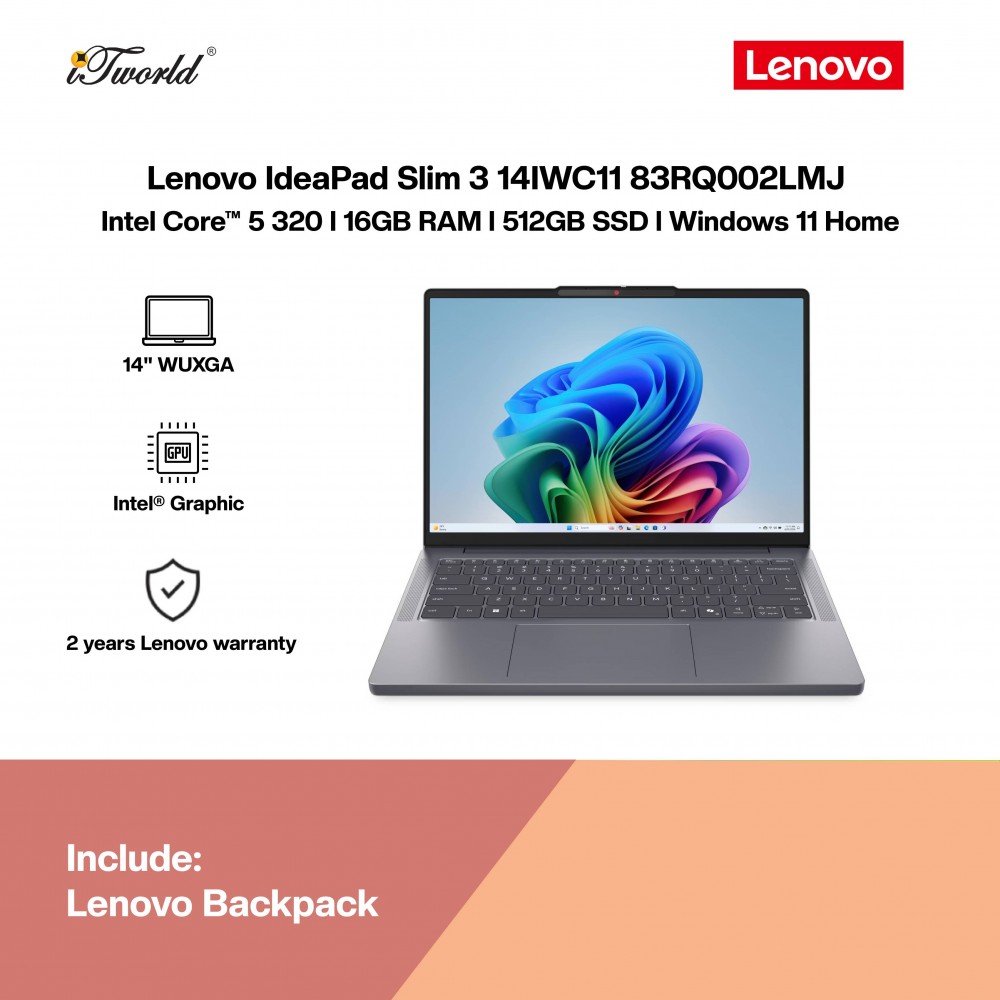 Lenovo IdeaPad Slim 3 14IWC11 83RQ002LMJ Laptop (Intel Core 5-320 | 14" WUXGA | 16GB RAM | 512GB SSD | Intel Graphics | Windows 11 Home | Microsoft Office Home 2024 + Microsoft 365 Basic | Luna Grey)