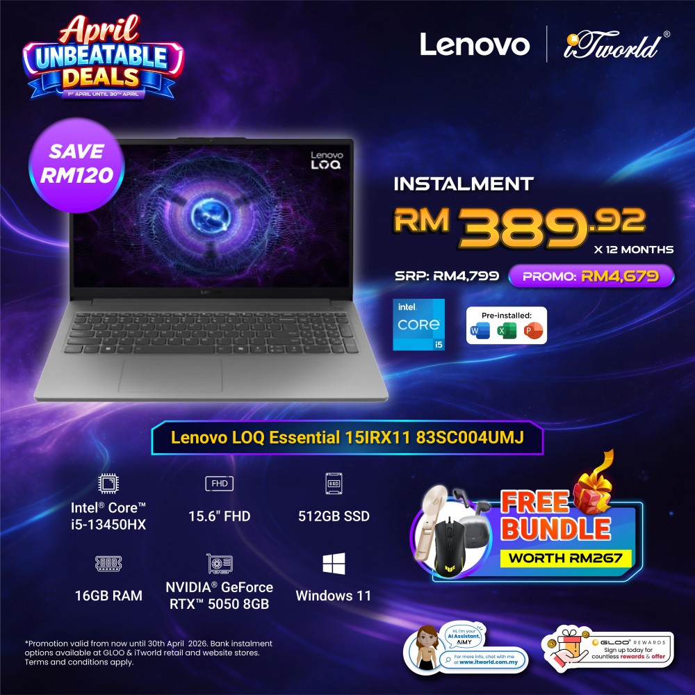 Lenovo LOQ Essential 15IRX11 83SC004UMJ Gaming Laptop (NVIDIA  ® GeForce RTX™ 5050 | C i5-13450HX | 15.6" FHD | 16GB RAM | 512GB SSD | Windows 11 Home)