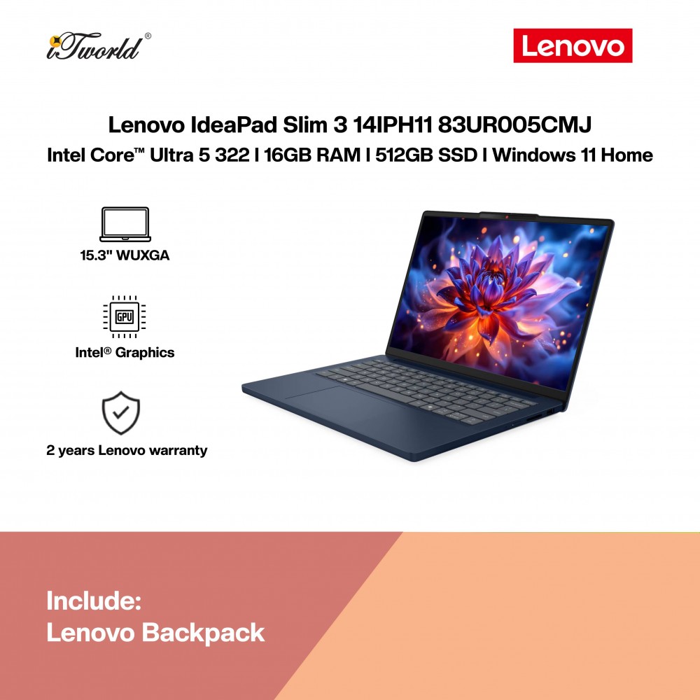 Lenovo IdeaPad Slim 3 14IPH11 83UR005CMJ Laptop (Intel Core™ Ultra 5 322 | 15.3" WUXGA | 16GB RAM | 512GB SSD | Intel Graphics | Windows 11 Home | Preinstalled Microsoft Office Home 2024 + Microsoft 365 Basic)