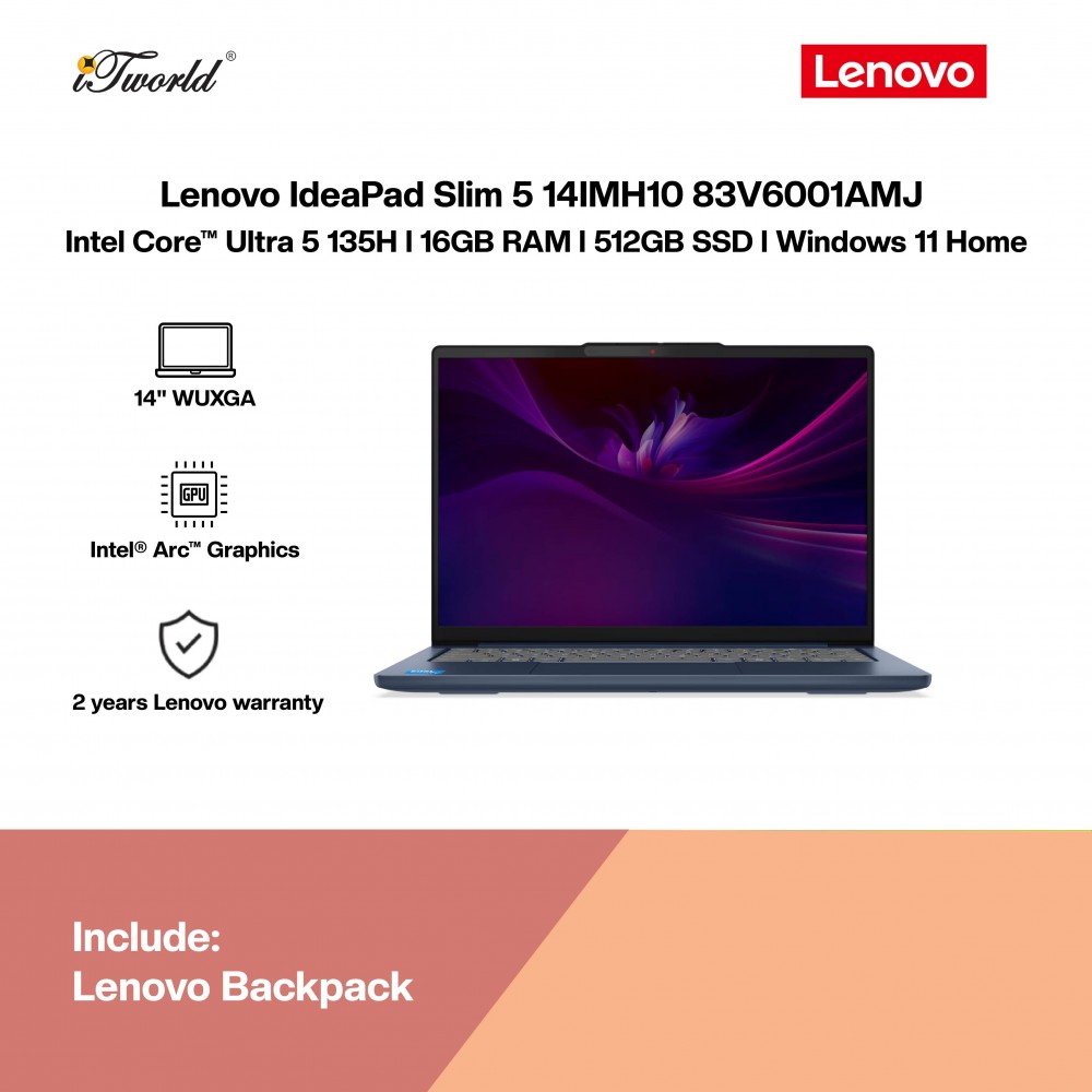 Lenovo IdeaPad Slim 5 14IMH10 83V6001AMJ Laptop (Intel Core™ Ultra 5 135H | 14" WUXGA | 8GB RAM | 512GB SSD | Intel  ® Arc™ Graphics  | Windows 11 Home | Preinstalled Microsoft Office 2024 + Microsoft 365 Basic)