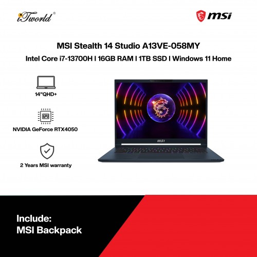 [Pre-order] MSI Stealth 14 Studio A13VE-058MY Gaming Laptop (NVIDIA??® GeForce RTX™ 4050,i7-13700H,16GB,1TB SSD,14"QHD+,W11H,Blue) [ETA: 3-5 working days]