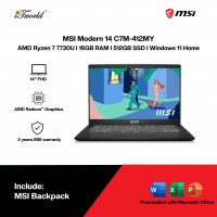 MSI Modern 14 C7M-412MY Laptop (AMD Ryzen™ 7 7730U | 14” FHD | 16GB RAM | 512GB SSD | AMD Radeon™ Graphics | Windows 11 Home | Microsoft Office Home 2024)