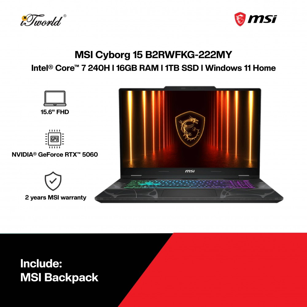 MSI Cyborg 15 B2RWFKG-222MY Gaming Laptop (Intel  ® Core™ 7 processor 240H | 15.6" FHD | 16GB RAM | 1TB SSD | NVIDIA  ® GeForce RTX™ 5060 | Windows 11 Home)
