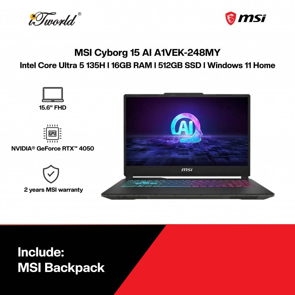 MSI Cyborg 15 AI A1VEK-248MY Gaming Laptop (Intel  ® Core™ Ultra 5 135H | 15.6" FHD | 16GB RAM | 512GB SSD | NVIDIA  ® GeForce RTX™ 4050 6GB | Windows 11 Home)