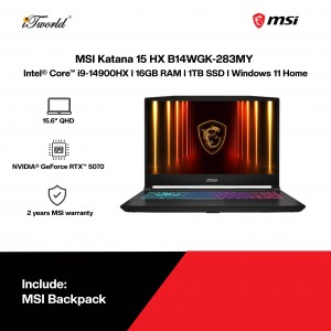 MSI Katana 15 HX B14WGK-283MY Gaming Laptop (NVIDIA??® GeForce RTX™ 5070 | Intel??® Core™ i9-14900HX | 15.6" QHD | 16GB RAM | 1TB SSD | Windows 11 Home)
