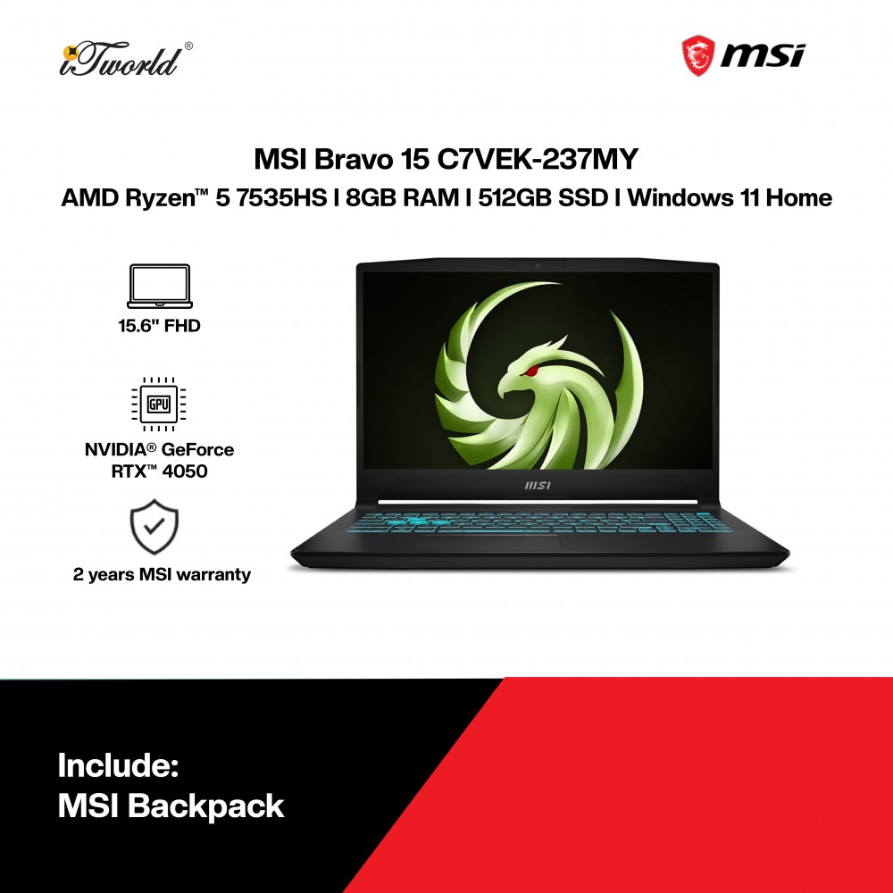 [Pre-order] MSI Bravo 15 C7VEK-237MY Gaming Laptop (NVIDIA  ® GeForce RTX™ 4050,R5-7535HS,8GB,512GB SSD,H&S,15.6”FHD,W11H,Blk,2Yrs) [ETA:3-5 working days]