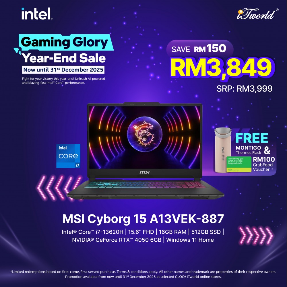 MSI Cyborg 15 A13VEK-887MY Gaming Laptop (Intel  ® Raptor Lake i7-13620H | 15.6"FHD | 16GB RAM | 512GB SSD | NVIDIA  ® GeForce  ® RTX4050 | Windows 11 Home)