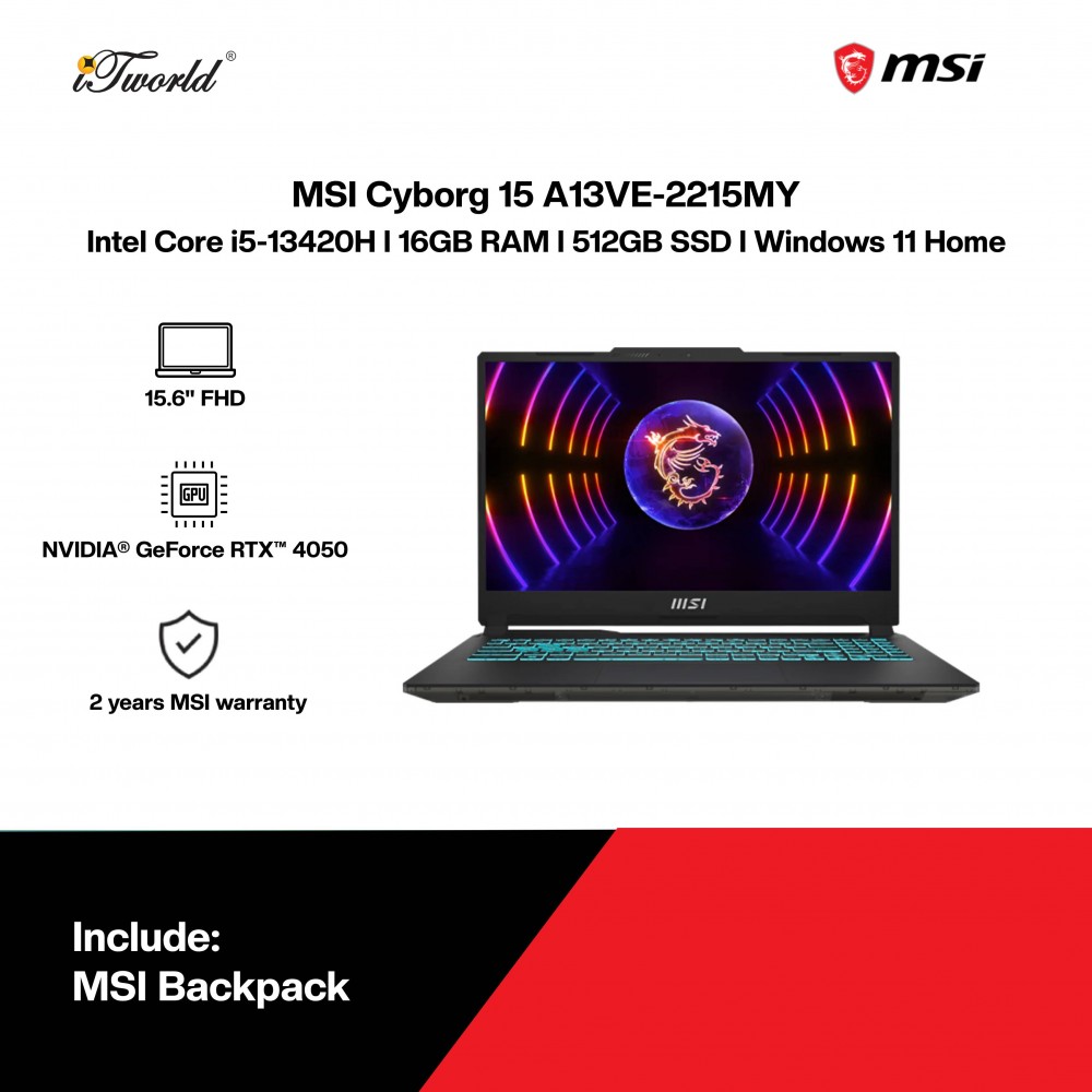 MSI Cyborg 15 A13VE-2215MY Gaming Laptop (Intel Core i5-13420H | 15.6" FHD | 16GB RAM | 512GB SSD | NVIDIA  ® GeForce RTX™ 4050 | Windows 11 Home | Preinstalled with Microsoft Office Home 2024)