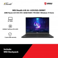 MSI Stealth A16 AI+ A3XVGG-089MY Gaming Laptop (NVIDIA??® GeForce RTX™ 4070 8GB,Ryzen AI 9 HX 370,32GB,1TB SSD,16” UHD+,W11H,Blk,2Y)