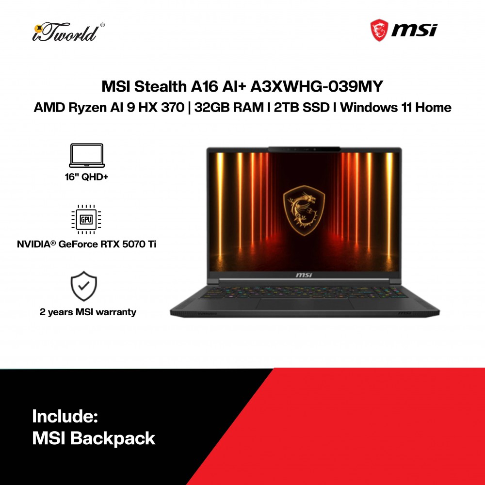 MSI Stealth A16 AI+ A3XWHG-039MY Gaming Laptop (AMD Ryzen AI 9 HX 370 | 16" QHD+ | 32GB RAM | 2TB SSD | NVIDIA GeForce RTX 5070Ti | Windows 11 Home)