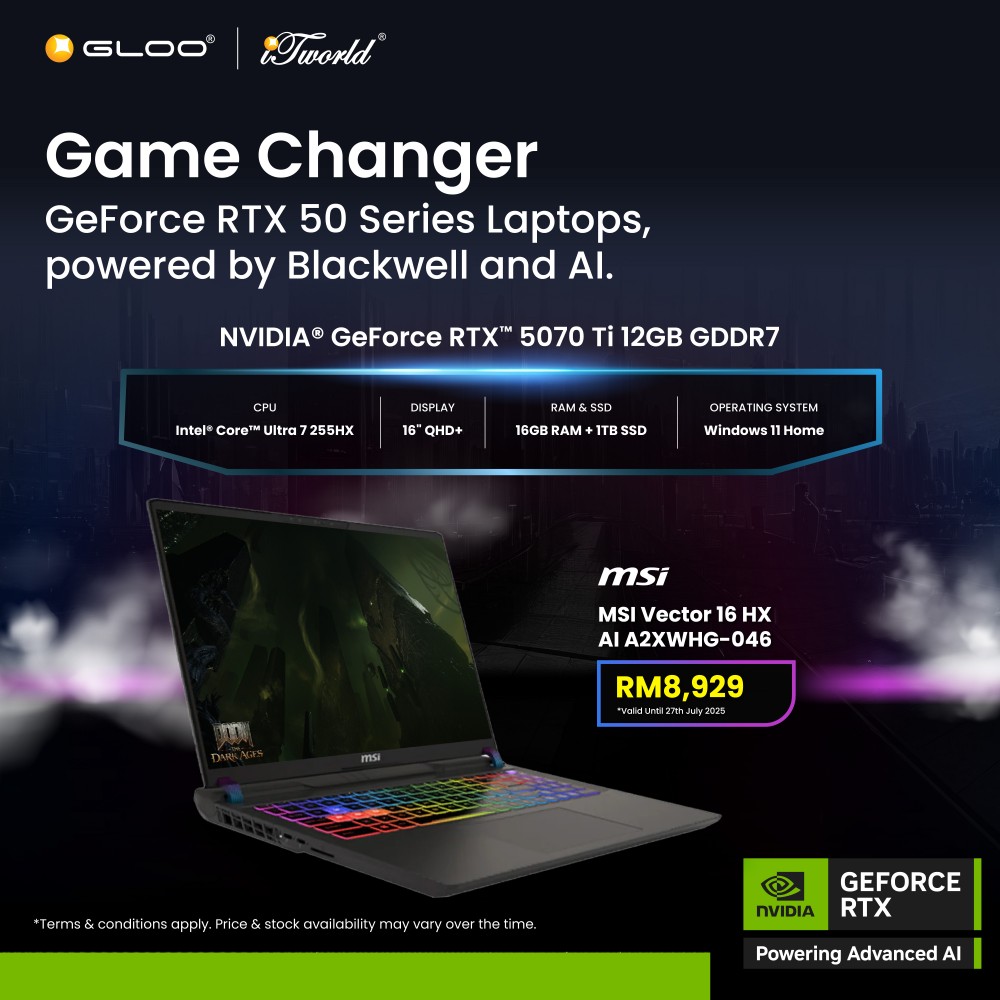 MSI Vector 16 HX AI A2XWHG-046MY Gaming Laptop (NVIDIA  ® GeForce RTX™ 5070 Ti | CU 7-255HX |16"QHD+ | 16GB RAM | 1TB SSD| Windows 11 Home)