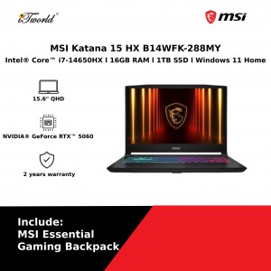 MSI Katana 15 HX B14WFK-288MY (NVIDIA??® GeForce RTX™ 5060 | Intel??® Core™ i7-14650HX | 15.6" QHD| 16GB | 1TB SSD | Windows 11 Home)