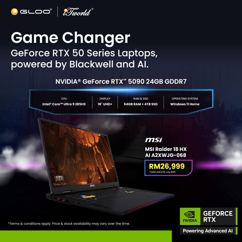 MSI Raider 18 HX AI A2XWJG-068MY Gaming Laptop (NVIDIA  ® GeForce RTX™ 5090 | CU 9-285HX |18"UHD+ | 64GB RAM | 4TB SSD | Windows 11 Home)