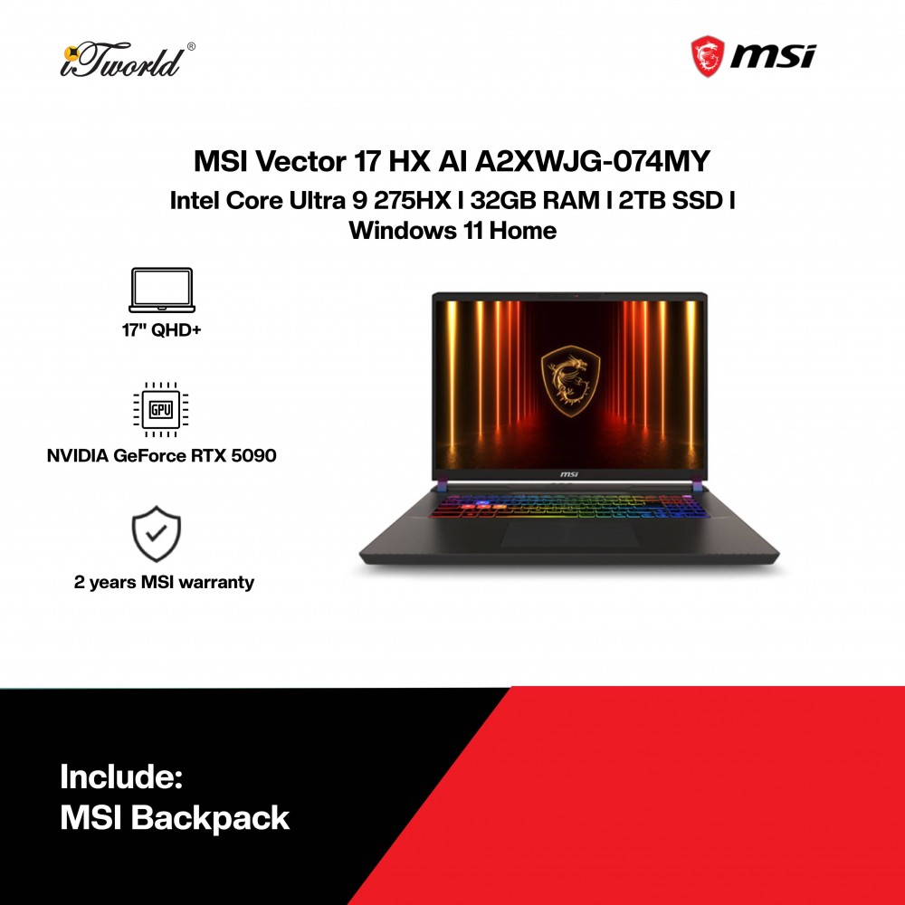 MSI Vector 17 HX AI A2XWJG-074MY Gaming Laptop (NVIDIA  ® GeForce RTX™ 5090 | CU 9-275HX | 17" QHD+ | 32GB RAM | 2TB SSD | Windows 11 Home)
