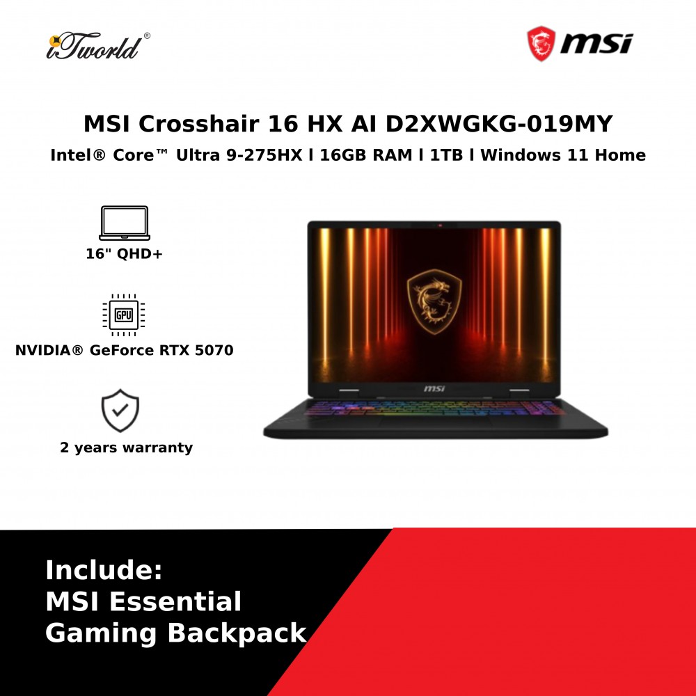 [Pre-order] MSI Crosshair 16 HX AI D2XWGKG-019MY (Intel  ® Core™ Ultra 9-275HX | 16" QHD+ | 16GB | 1TB SSD | NVIDIA  ® GeForce RTX 5070 | Windows 11 Home)