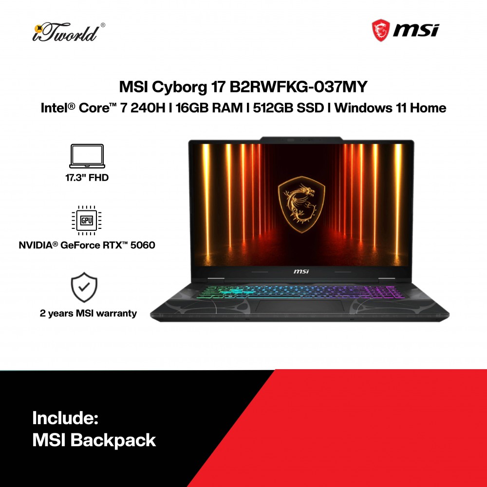 [Pre-order] MSI Cyborg 17 B2RWFKG-037MY Gaming Laptop (Intel  ® Core™ 7 processor 240H | 17.3" FHD | 16GB RAM | 512GB SSD | NVIDIA  ® GeForce RTX™ 5060 | Windows 11 Home) [ETA: 3-5 working days]