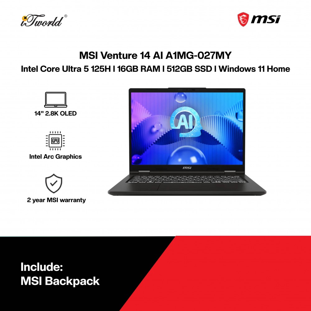 MSI Venture 14 AI A1MG-027MY Laptop (Intel Core Ultra 5 125H | 14" 2.8K OLED | 16GB RAM | 512GB SSD | Intel Arc Graphics | Windows 11 Home)