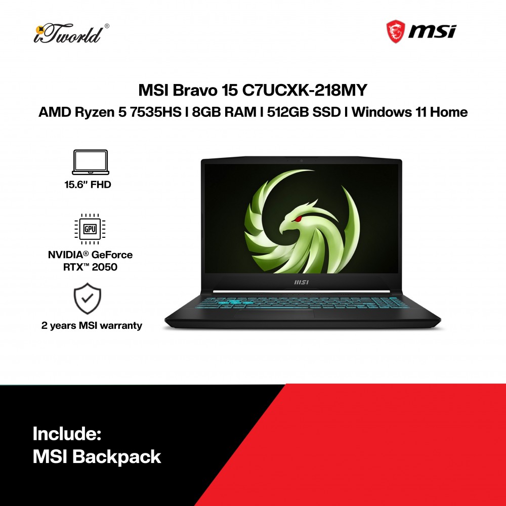 [Pre-order] MSI Bravo 15 C7UCXK-218MY Laptop (R5-7535HS,8GB,512GB SSD,RTX2050 4GB,15.6” FHD,W11H,Blk,2Yrs) [ETA: 3-5 working days]