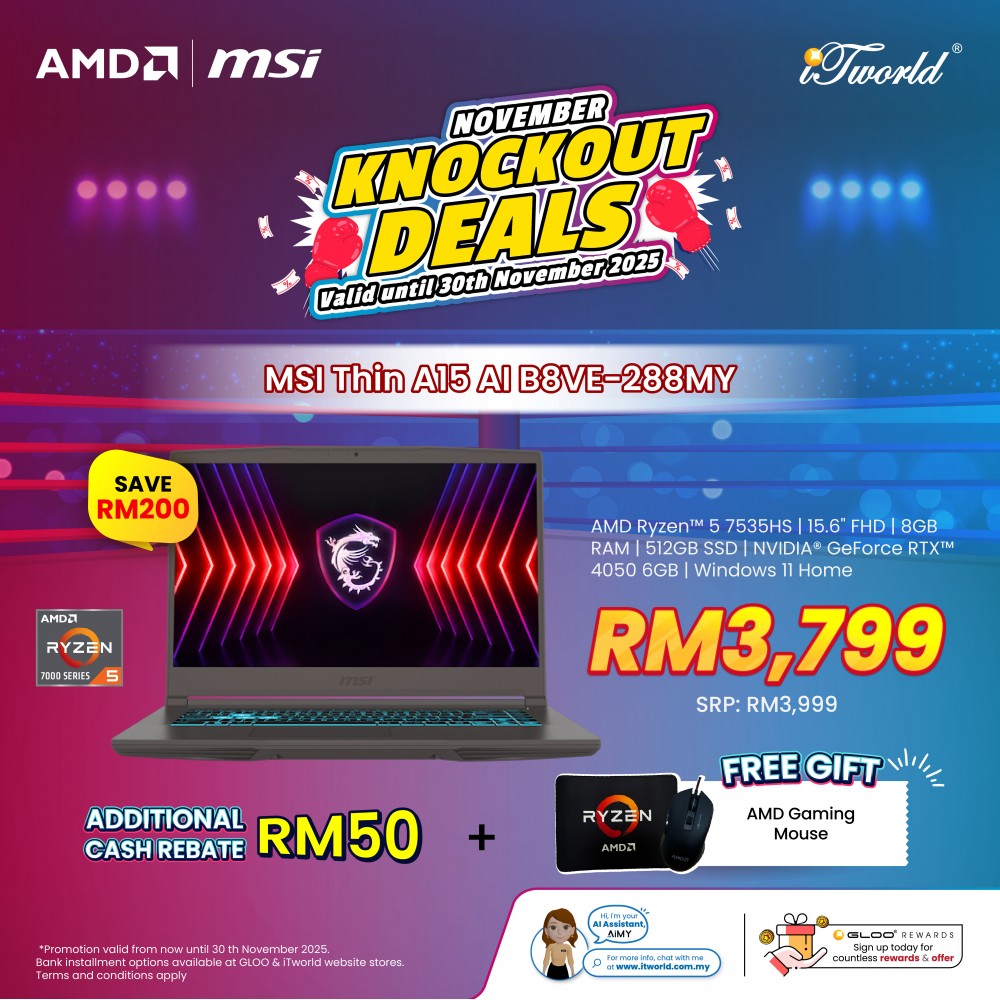 MSI Thin A15 AI B8VE-288MY Gaming Laptop (AMD Ryzen™ 7 8845HS | 15.6" FHD | 8GB RAM | 512GB SSD | NVIDIA  ® GeForce RTX™ 4050 6GB | Windows 11 Home)