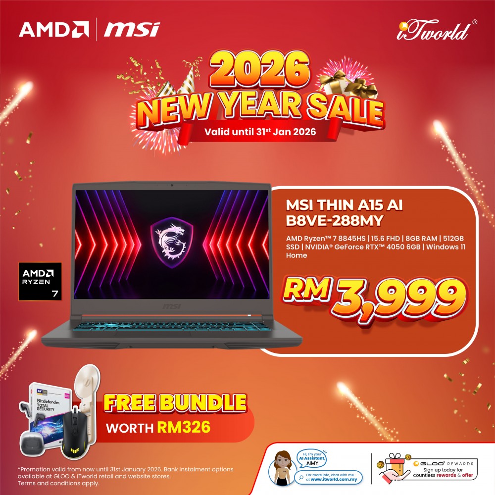 MSI Thin A15 AI B8VE-288MY Gaming Laptop (AMD Ryzen™ 7 8845HS | 15.6" FHD | 8GB RAM | 512GB SSD | NVIDIA  ® GeForce RTX™ 4050 6GB | Windows 11 Home)