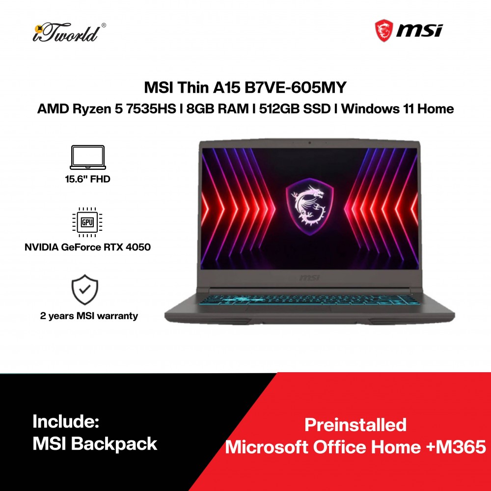 MSI Thin A15 B7VE-605MY Gaming Laptop (AMD Ryzen 5 7535HS | 15.6"FHD | 8GB RAM | 512GB SSD | NVIDIA GeForce RTX 4050 | Windows 11 Home | Office Home + M365)