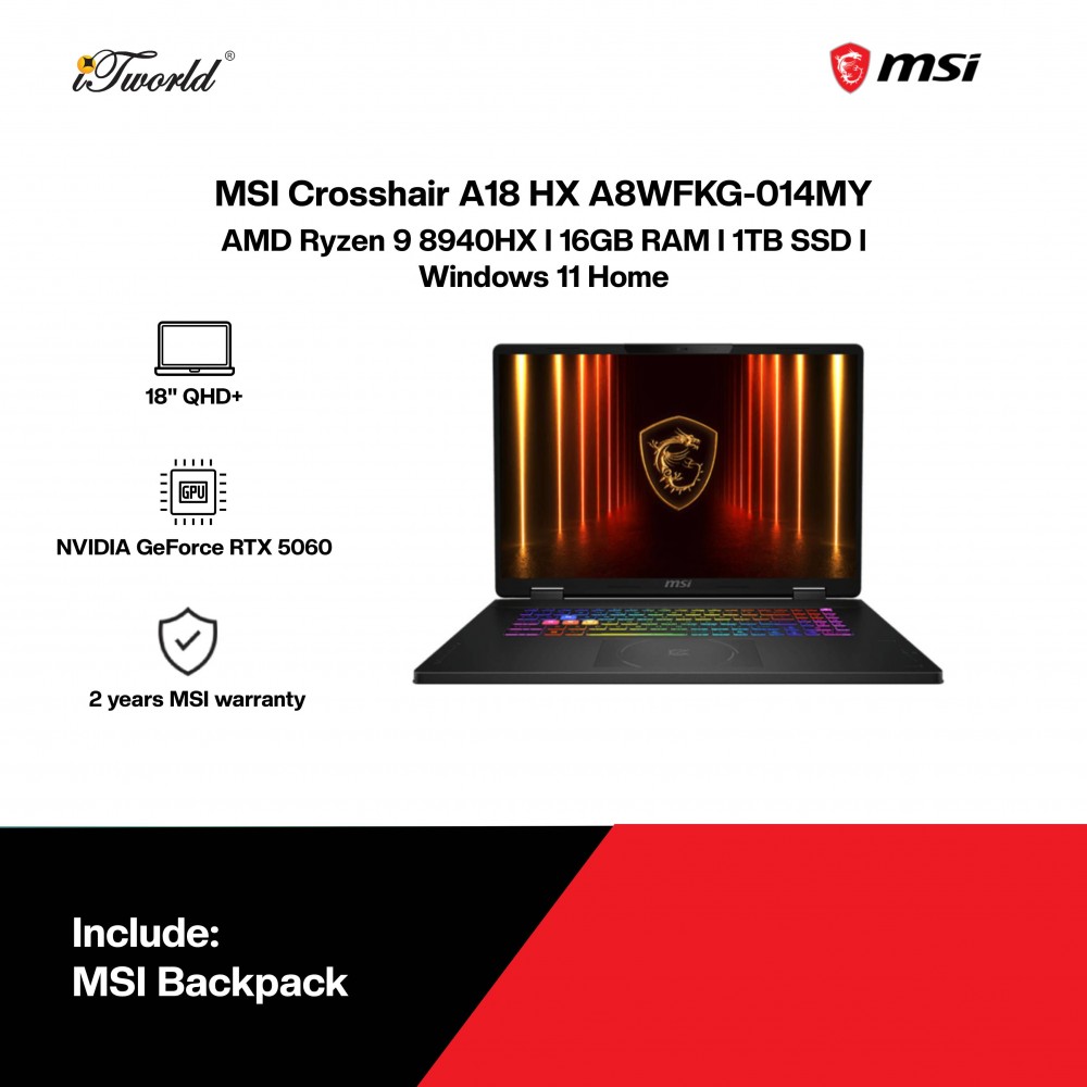 MSI Crosshair A18 HX A8WFKG-014MY Gaming Laptop (NVIDIA  ® GeForce RTX™ 5060 | R9-8940HX | 18" QHD+ | 16GB RAM | 1TB SSD | Windows 11 Home)
