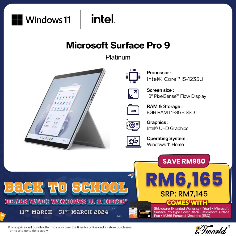 Microsoft Surface Pro 9 Core i5/8GB RAM - 128GB SSD, W11H Platinum - QCB-00013+ Shieldcare 1 Year Extended Warranty