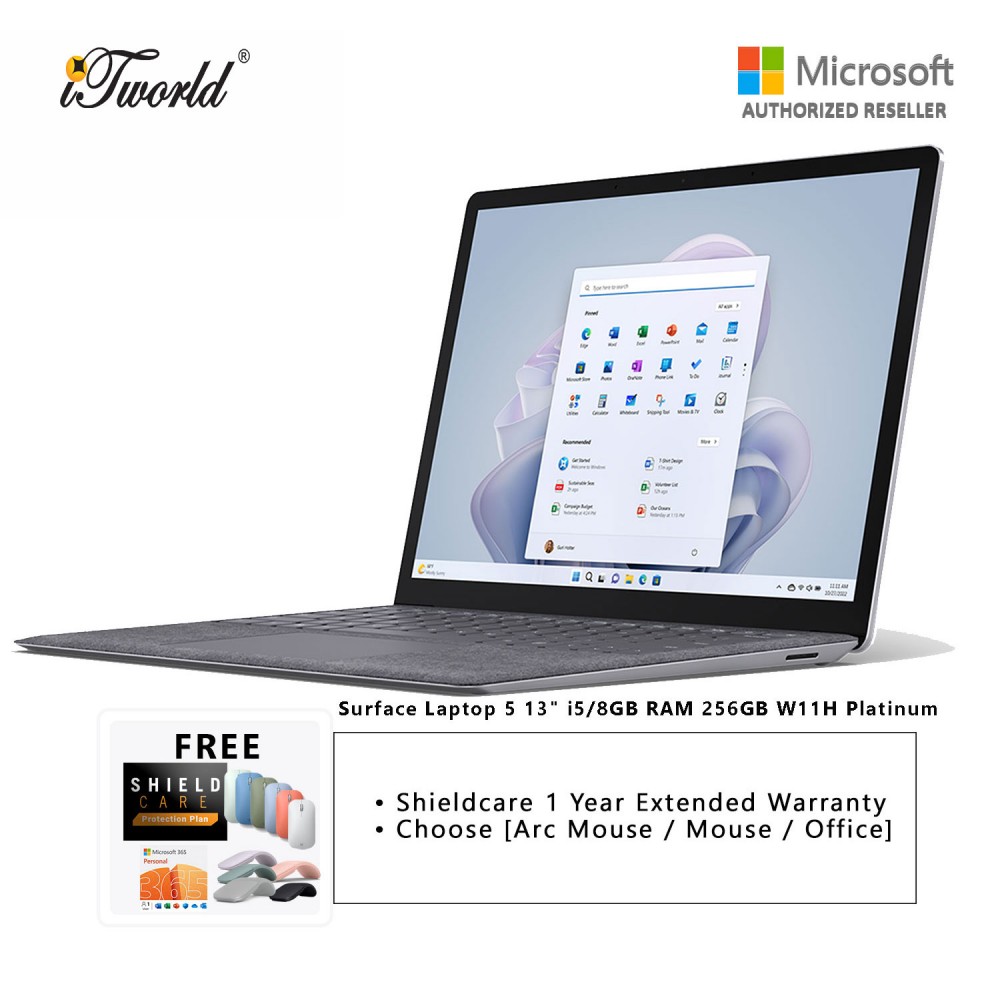 Microsoft Surface Laptop 5 13" Core i5/8GB RAM - 256GB, W11H Platinum - QZI-00018 + Shieldcare 1 Year Extended Warranty