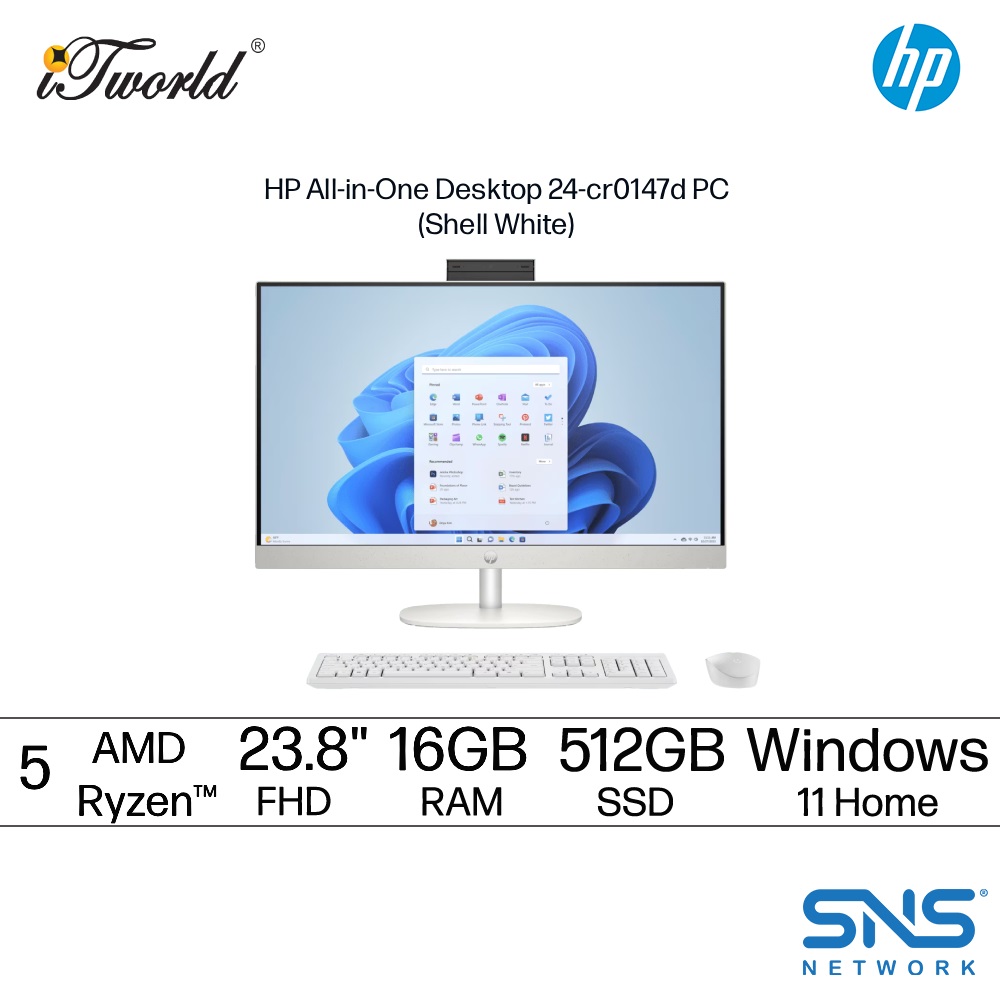 HP All-in-One Desktop 24-cr0147d PC (AMD Ryzen™ 5 7520U | 23.8"FHD | 16GB RAM | 512GB SSD | AMD Radeon™ Graphics | Windows 11 Home | Microsoft Office Home & Student 2024 + Microsoft 365 Basic)