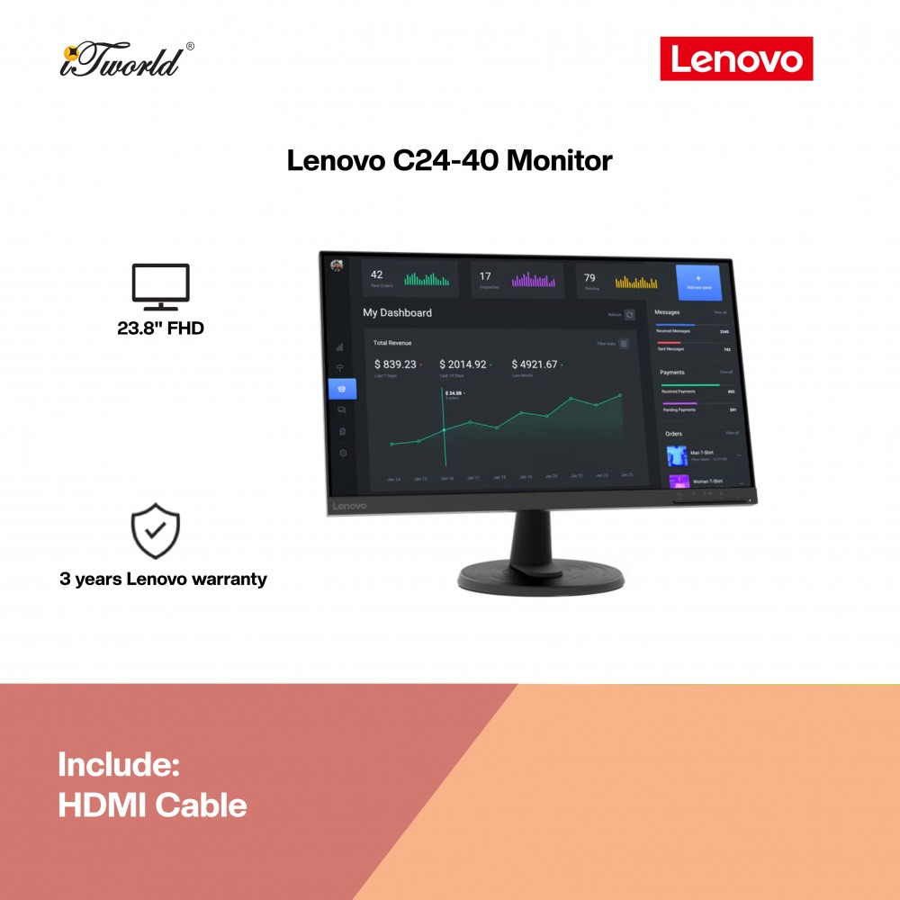 (Ready stock) Lenovo 23.8" Thinkvision C24-40 VA FHD 75Hz 4ms Freesync Monitor - 63DCKAR6WW