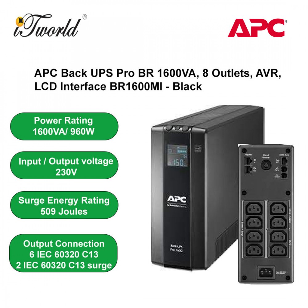 APC Back UPS Pro BR 1600VA, 8 Outlets, AVR, LCD Interface BR1600MI - Black