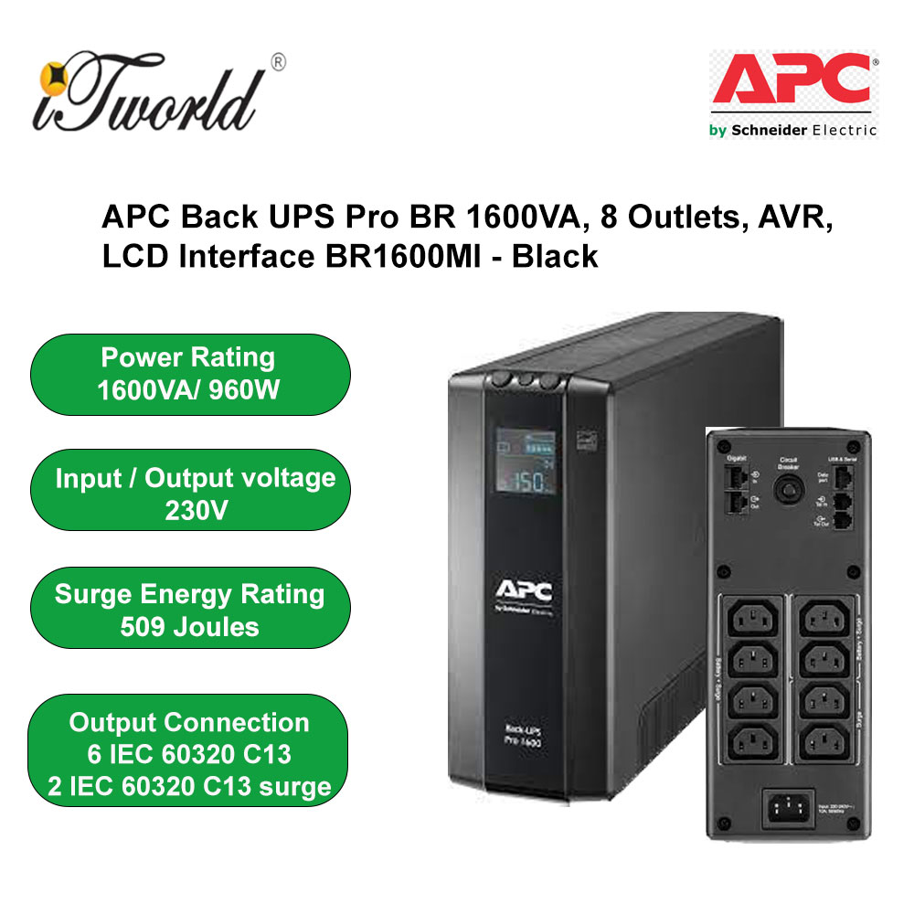 APC Back UPS Pro BR 1600VA, 8 Outlets, AVR, LCD Interface BR1600MI - Black
